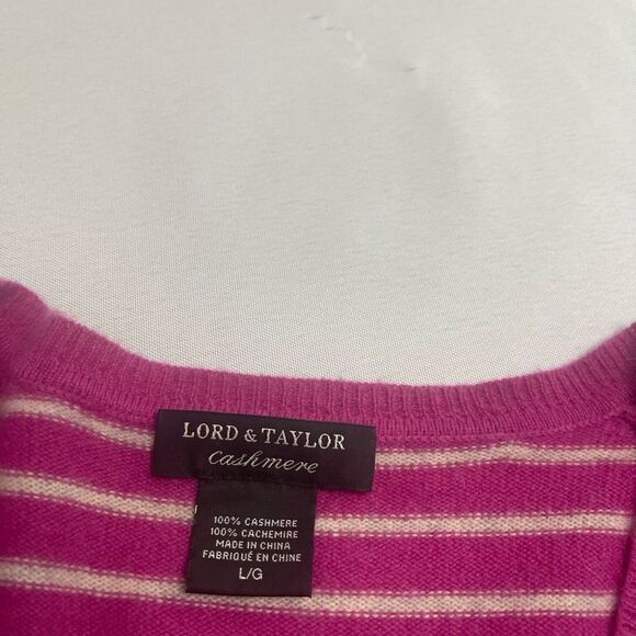 Lord & Taylor Pink Stripe Cashmere V Neck Sweater Size Large - Picture 4 of 7